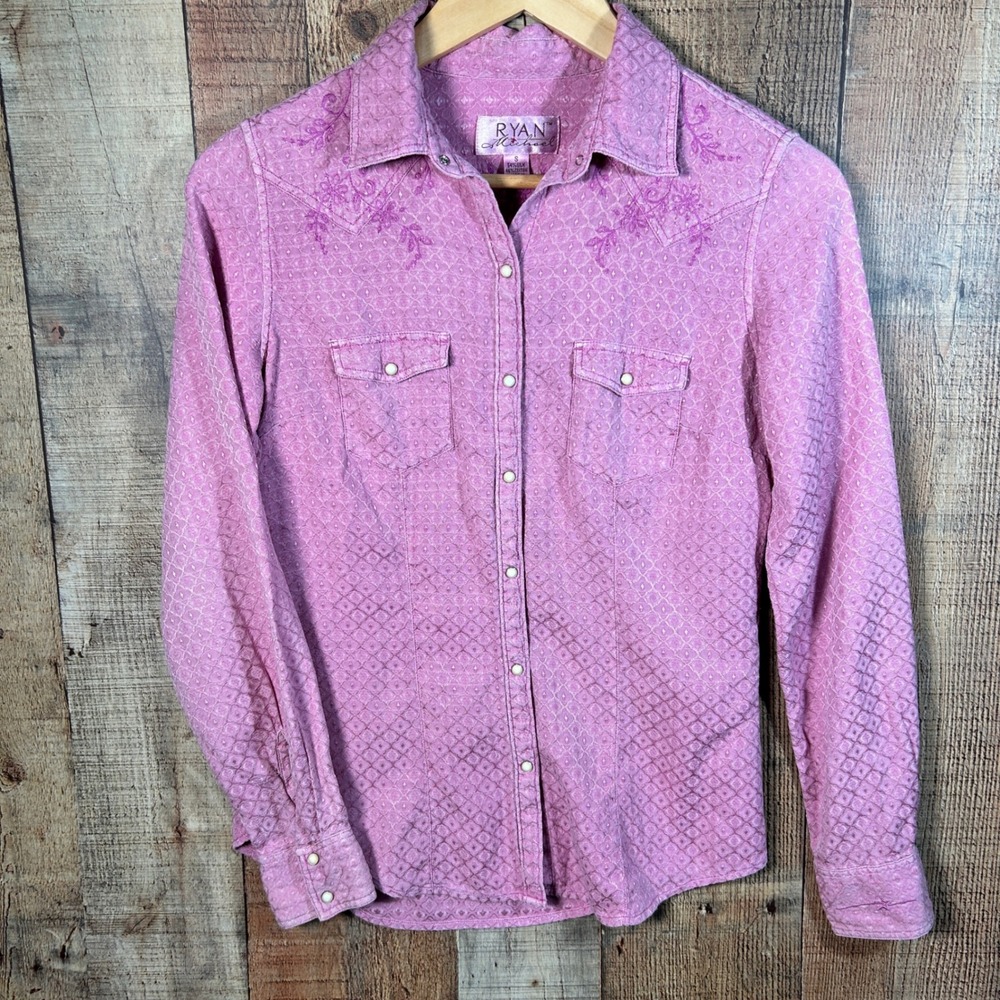 Ryan Michael Pink Silk Cotton Embroidered Western Pearl Snap Shirt Small S